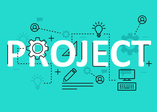 Project concept flat line design with icons and elements. Modern project concept vectors collection. Project concept lettering
