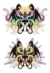 Grunge abstract cat head. Tribal cat head splashes with colorful floral elements, eagle wings and blood drops