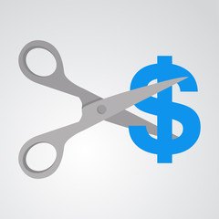 Obraz premium Icono plano tijeras cortando dolar color en fondo degradado