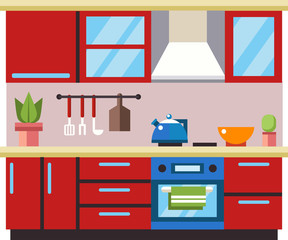 Red kitchen with furniture. Flat style vector illustration