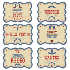 Cowboy labels isolated on white. Vector western cowboy symbols - obrazy, fototapety, plakaty
