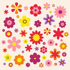 Flowers isolated on pink background. Set of colorful floral icons. Vintage Flowers flat dasing style Vector Illustration
