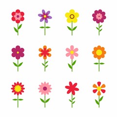 Flowers isolated on white background. Set of colorful floral icons. Flowers in flat dasing style. Vector Illustration