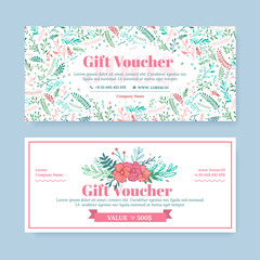 Naklejka premium Gift certificate with delicate painted flowers in boho style.