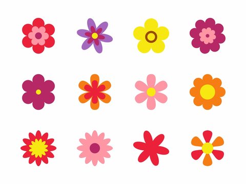 Flowers isolated on white background. Set of colorful floral icons. Flowers in flat dasing style. Vector Illustration