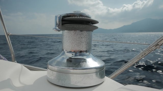 Winch on Sailing Boat in the Sea. 4k
