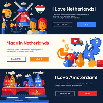 Traveling to Netherlands website headers banners set