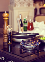 table gas stove frying pan kitchen tools