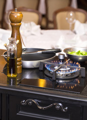 table gas stove frying pan kitchen tools