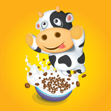 Cereal Bowl with Splash Milk and Cartoon Cow 