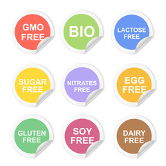 Vector food dietary labels icon set. Gluten and sugar, gmo free, nitrates and lactose, dairy and egg