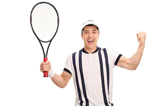 Joyful tennis player holding a racket