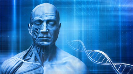 human face anatomy in abstract medical background with blue color and dna