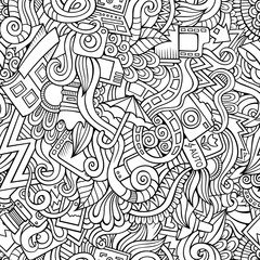 Cartoon hand-drawn doodles of photography  seamless pattern