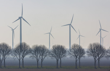 Flevoland, the Netherlands - March 26, 2016: a wind turbine windpark.