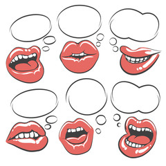 Pop art lips with speech bubble. Mouth with speech bubble set. Vector illustration