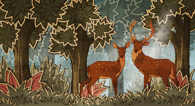 Two deers in forest cartoon style vector illustration