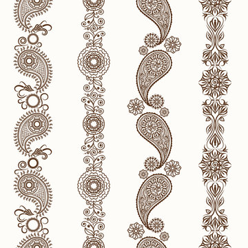 Henna borders. Mehndi ornamental henna seamless borders. Vector illustration