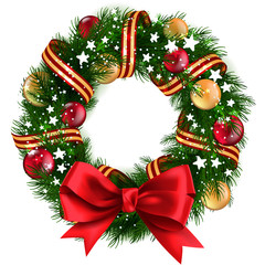 Fototapeta na wymiar Christmas Wreath with ribbons, balls and bow isolated