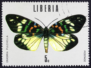 Fototapeta na wymiar GROOTEBROEK ,THE NETHERLANDS - MARCH 8,2016 :a stamp printed in the Liberia, Erastus PULHELA, series Butterflis, LIBERIA, circa 1984