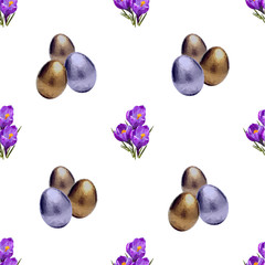 Crocus and colorful eggs vector seamless pattern. Easter motif for textil, wallpapper or craft design.