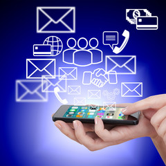 hand touching touch smart phone, social media concept