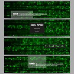 Set of modern banners. Virtual reality, abstract technology background with green symbols, vector illustration.
