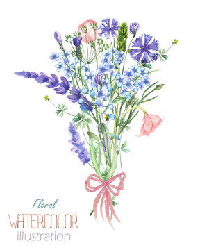 An illustration with a bouquet of the beautiful watercolor blue Myosotis flower, cornflowers and lavender flowers, isolated hand-drawn in a watercolor on a white background