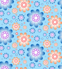Seamless floral pattern in blue and orange colors. Blue background. Floral design. Abstract flowers