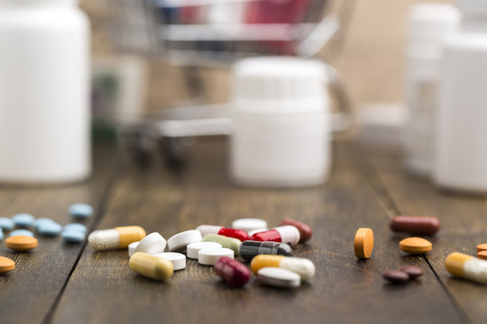 Set of colorful pills and capsules