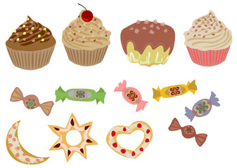 Vector set of cupcakes, cookies and candy.  Isolated objects.