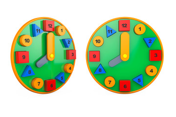 Colorful toy clocks. 3d rendering