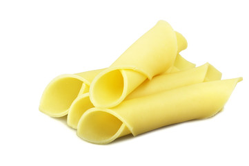 Swiss cheese slices close up on the white