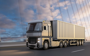 Semi-trailer truck on bridge at sunset