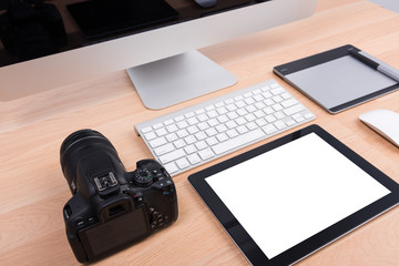 DSLR digital camera with tablet and computer PC