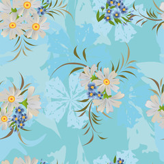 Fototapeta na wymiar Seamless pattern with daisies and small blue flowers.