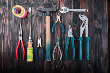 Workshop scene.  Tools on the table and board.