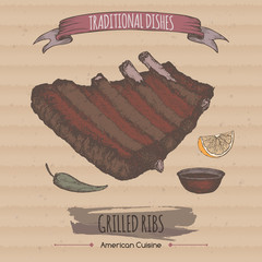Color grilled ribs sketch placed on cardboard background.  - 106488403
