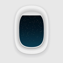 Airplane window, or a porthole, at night. Star sky view.