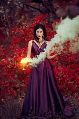 Fototapeta na wymiar Lady in a luxury lush purple dress swirls in the smoke,fantastic shot,fairytale princess is walking in the autumn forest,fashionable toning,creative computer colors
