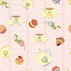 Vector repeating pattern from the kettle, cups, cake, cupcakes and flowers.