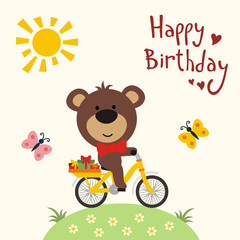 Happy birthday! Funny bear on bicycle with birthday gifts, butterflies, sun. Happy birthday card. Cartoon bear on bike. Vector illustration.