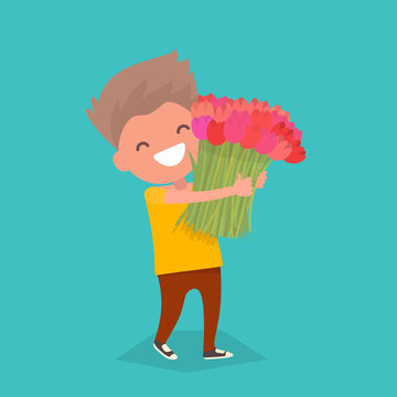 The little boy with a big bouquet of flowers. Vector illustration