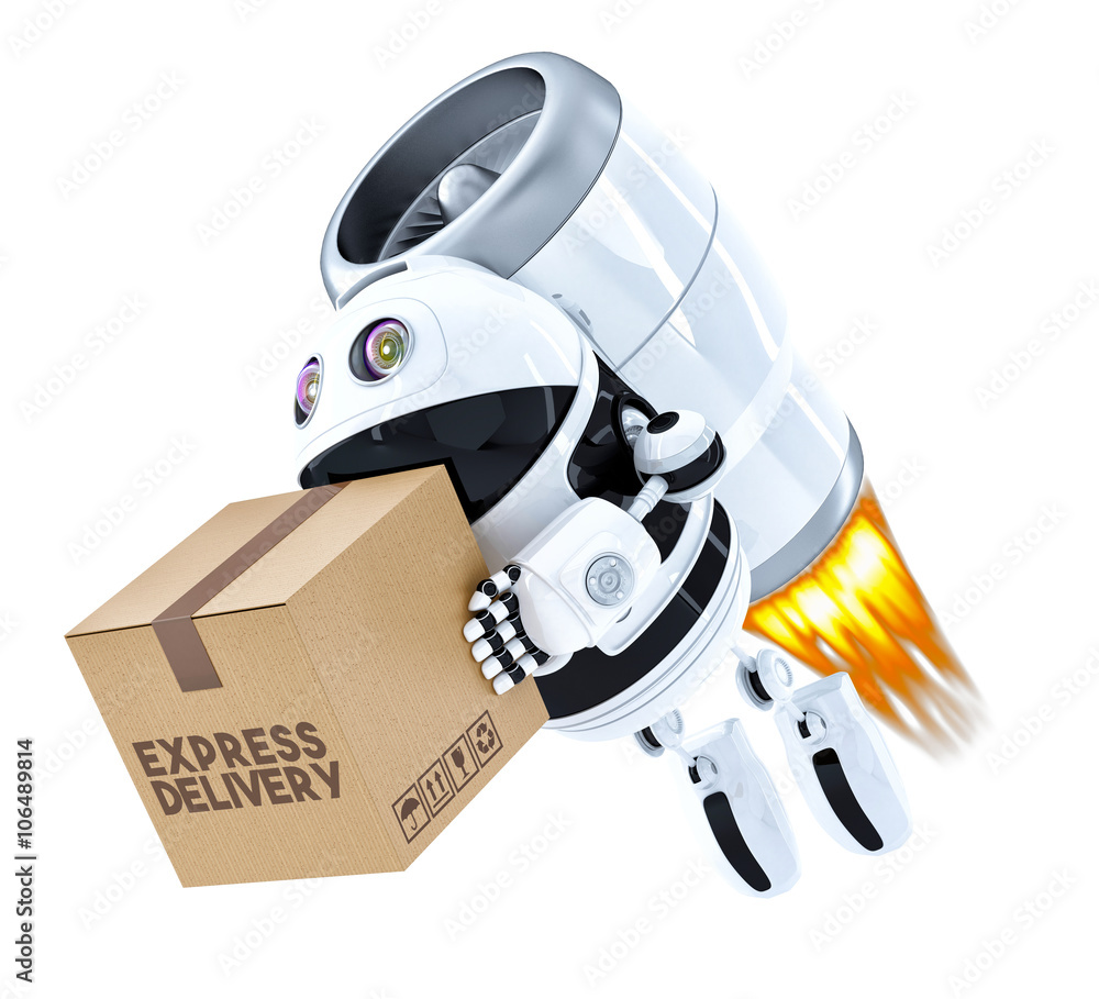 Poster rocket delivery robot flying with package. isolated. contains cl