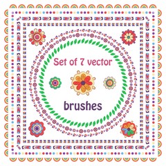 Vector set of seven hand drawn brushes with outer and inner corner tiles. Seamless border of different colors for frames and design elements