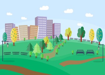 City Park with benches and trees. Park in the town. Park on the background of skyscrapers. Green park in the city. Flat style. Vector illustration
