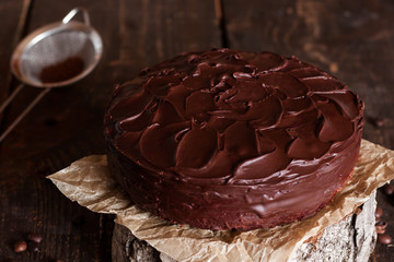 chocolate cake on a wooden background
