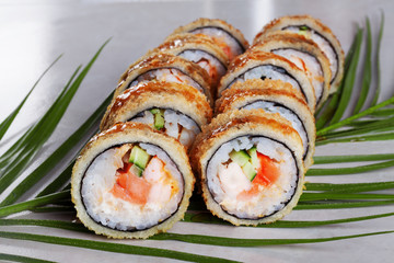 roll sushi, breaded salmon rice tropical menus leaves tempura