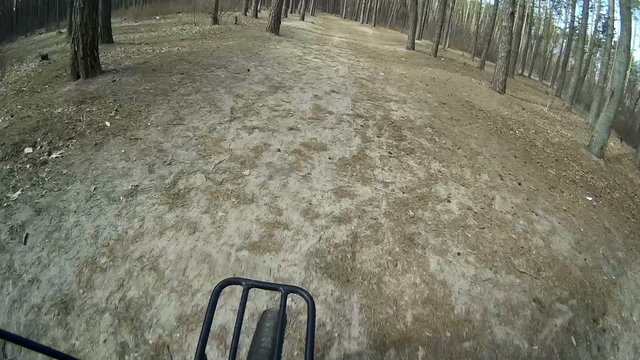 fast driving the bicycle on the wood. Weel .lPOV clip