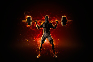 Ferocious flaming bodybuilder with barbell